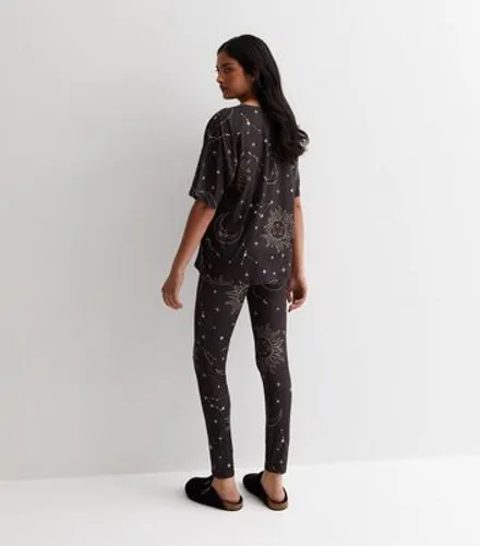 Black Legging Pyjama Set with Celestial Print New Look