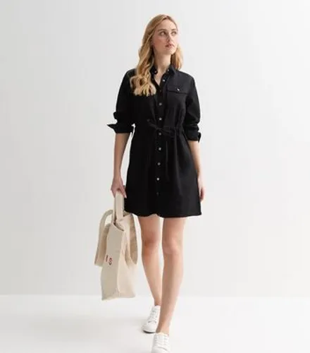 Black Lightweight Denim Drawstring Mini Shirt Dress New Look