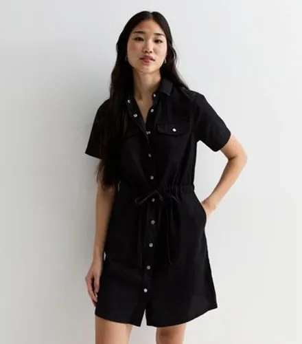 Black Lightweight Denim Drawstring Short Sleeve Mini Shirt Dress New Look