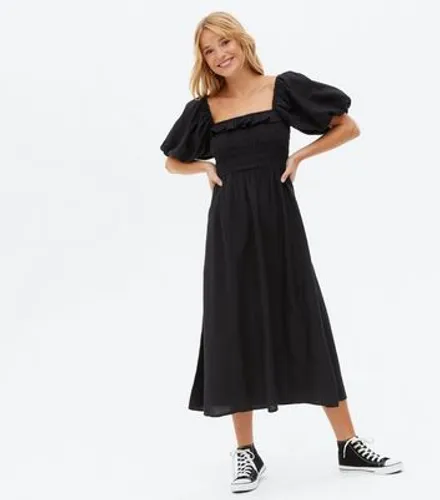 Black Linen-Look Frill Shirred Midi Dress New Look