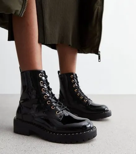 Black Patent Chunky Lace Up Biker Boots New Look