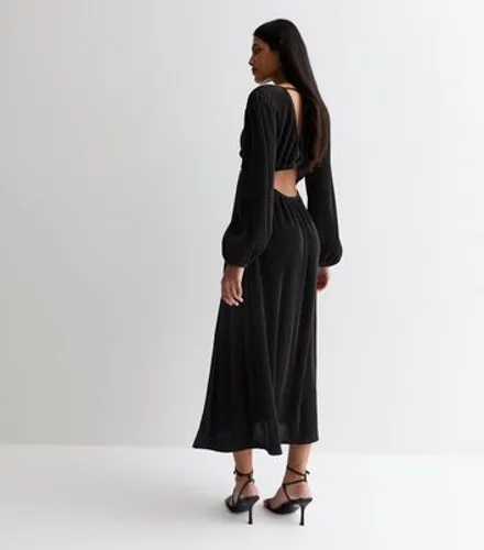 Black Plisse Long Sleeve Cut Out Midi Dress New Look