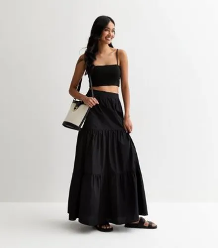 Black Poplin Tiered Maxi Skirt New Look