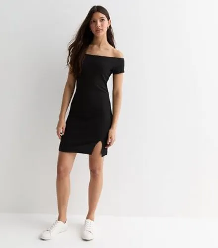 Black Ribbed Jersey Bardot Mini Dress New Look