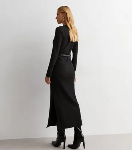 Black Ribbed Jersey Belted Midi Dress New Look