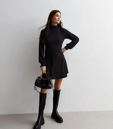 Black Ribbed Jersey High Neck Mini Dress New Look