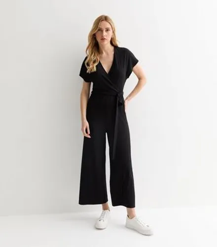 Black Ribbed Jersey Wrap Wide Leg Jumpsuit New Look