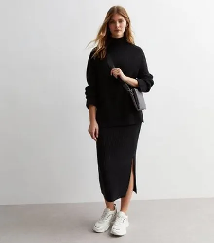 Black Ribbed Knit Midi Skirt New Look