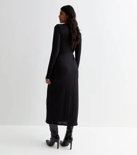 Black Ribbed Long Sleeve Wrap Midi Dress New Look