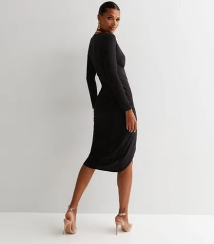 Black Ruched Long Sleeve Midi Wrap Dress New Look