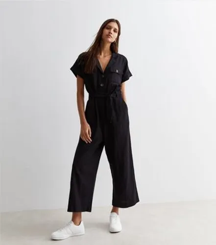 Black Short Sleeve Belted Utility Jumpsuit New Look