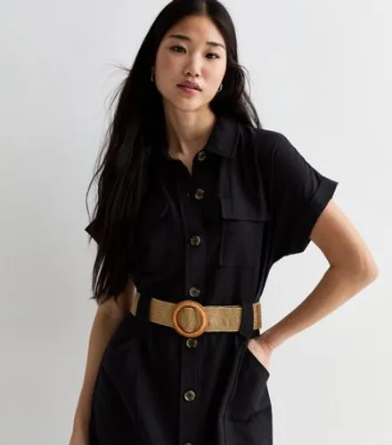 Black Short Sleeve Belted Utility Midi Shirt Dress New Look