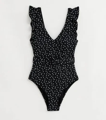 Black Spot Frill Sleeve Belted Swimsuit New Look