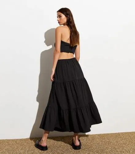 Black Textured Tiered Midi Skirt New Look