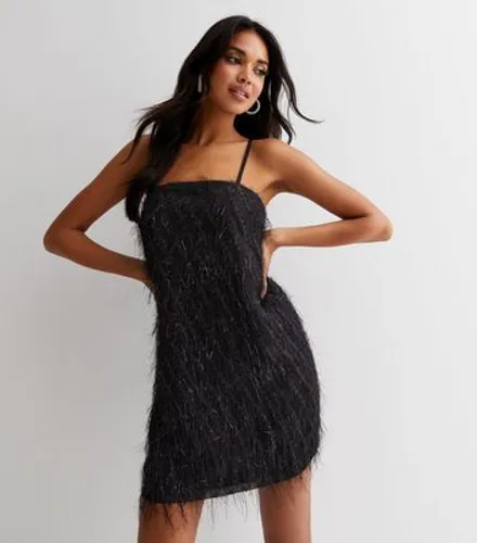 Black Tinsel Embellished Square Neck Strappy Mini Slip Dress New Look