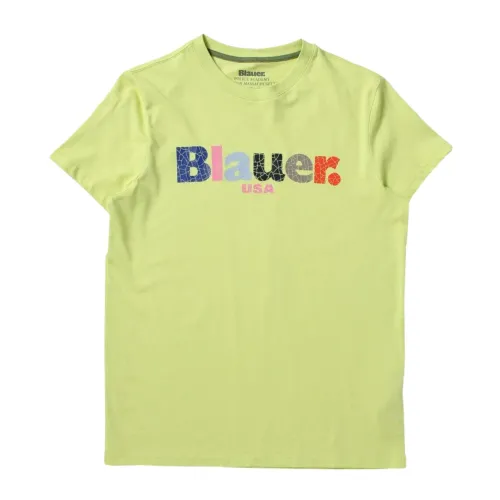 Blauer , Kids Lime Green T-shirt with Multicolor Logo Print ,Green male, Sizes: