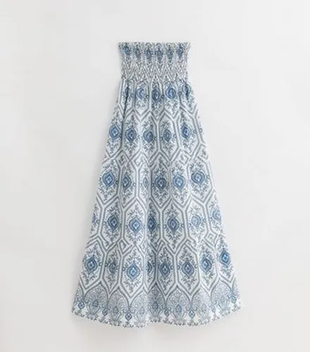 Blue Cotton Shirred Tile-Print Bandeau Maxi Dress New Look