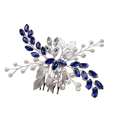 Blue Crystal Pearl Hair Comb Vine Silver Leaf Headpiece