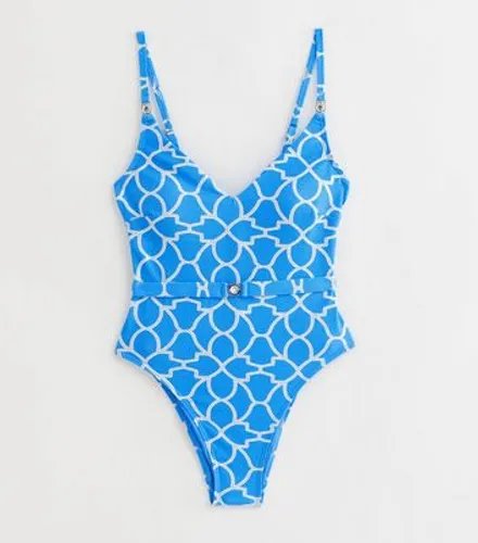 Blue Geometric Print Diamanté Belted Swimsuit New Look