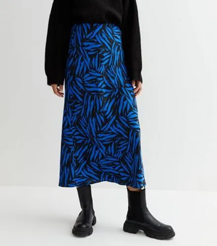Blue Mark Making Satin Bias Cut Midi Skirt New Look