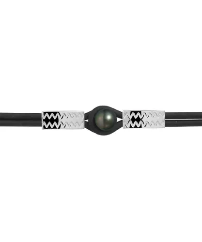 Blue Pearls Mens 10 mm Black Tahitian Pearl, Neoprene Tribal Man-Woman Bracelet and 925 Sterling Silver - Multicolour - One Size