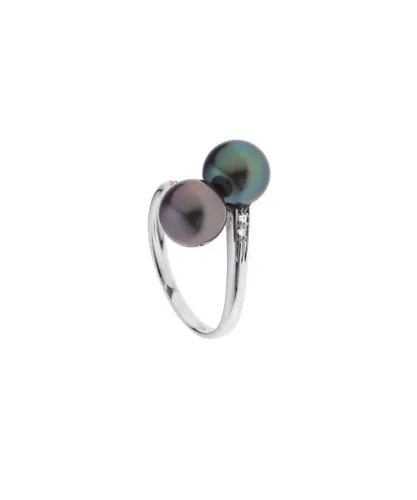 Blue Pearls Womens 2 Black Tahitian Diamonds Ring and White Gold 375/1000 - Multicolour - Size O