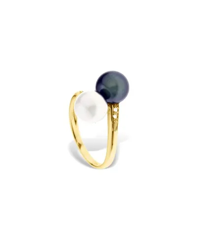 Blue Pearls Womens Black and White Freshwater Diamonds Ring and Yellow Gold 375/1000 - Multicolour Crystal - Size M