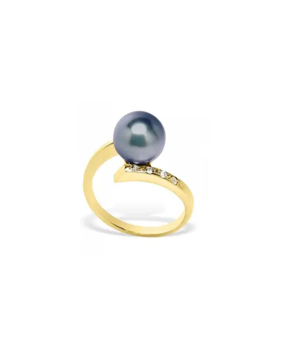 Blue Pearls Womens Black Freshwater Pearl, Diamonds Ring and Yellow Gold 375/1000 - Multicolour - Size P