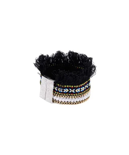 Blue Pearls Womens Black Fringed Cotton Bracelet and Stainless Steel - Grey - One Size