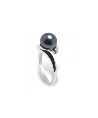 Blue Pearls Womens Black Tahitian Pearl, Diamonds Ring and White Gold 375/1000 - Multicolour - Size M