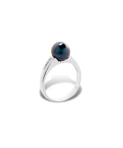 Blue Pearls Womens Black Tahitian Pearl, Diamonds Ring and White Gold 375/1000 - Multicolour - Size O