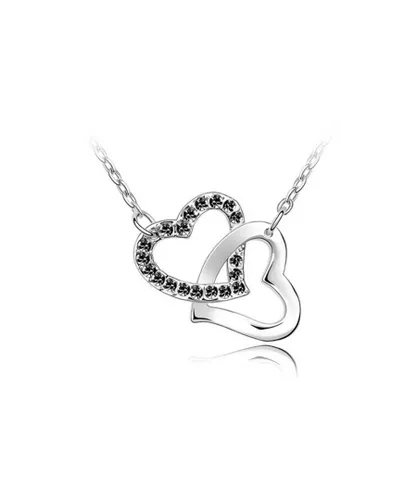 Blue Pearls Womens Swarovski - Double Heart Necklace made with a Black crystal from and Rhodium Plated - One Size