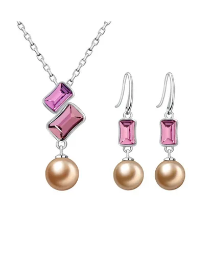 Blue Pearls Womens Swarovski - Pearl and Pink Crystal Elements Set and Rhodium Plated - Multicolour - One Size