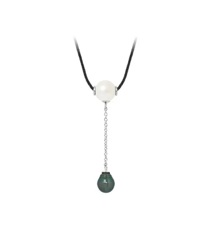 Blue Pearls Womens Tahitian Pearl and White Freshwater Black Cotton Woman Necklace and 925 Sterling Silver - Multicolour - One Size
