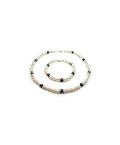 Blue Pearls Womens White and Black Freshwater Pearl Necklace and Bracelet Set and Silver Clasp - Multicolour - One Size