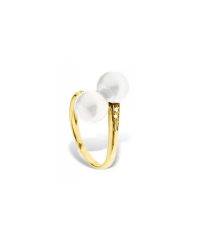 Blue Pearls Womens White Freshwater Pearl, Diamonds Ring and Yellow Gold 375/1000 - Multicolour - Size M