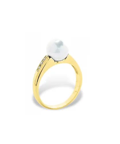 Blue Pearls Womens White Freshwater Pearl, Diamonds Ring and Yellow Gold 375/1000 - Multicolour - Size P
