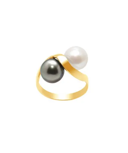 Blue Pearls Womens White Pearl and Black Tahitian Ring and Yellow Gold 750/1000 - Multicolour - Size M