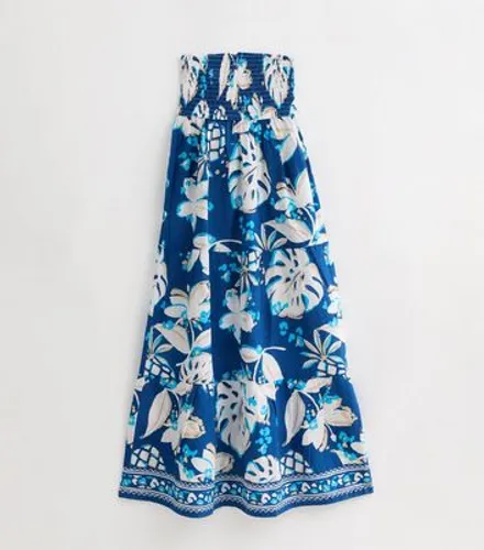 Blue Shirred Tropical Print Strapless Maxi Dress New Look