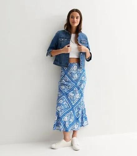 Blue Tile Print Midi Skirt New Look