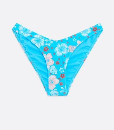 Blue Tropical Floral V Front Bikini Bottoms New Look