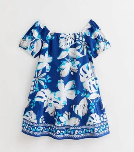 Blue Tropical-Print Bardot Mini Beach Dress New Look