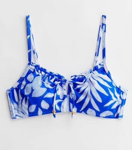 Blue Tropical Tie Front Crop Bikini Top New Look