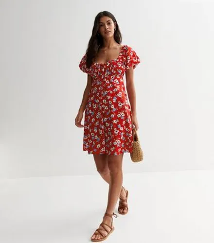 Blue Vanilla Red Floral Ruched Mini Dress New Look