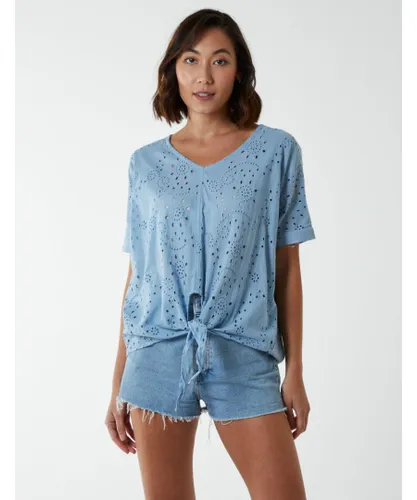 Blue Vanilla Womens Broderie Batwing Knot Front Top Cotton