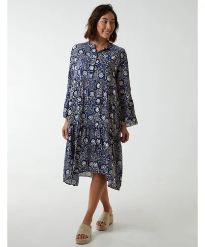 Blue Vanilla Womens Digital Swirl Print Button Up Tiered Dress - Navy