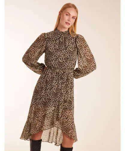Blue Vanilla Womens Leopard Print High Neck Wrap Frill Hem Midi Dress - Khaki
