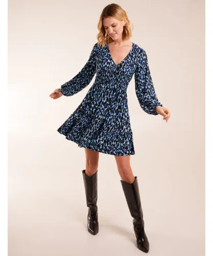 Blue Vanilla Womens Leopard Print Shirring Elastic Sleeve Tier Mini Dress