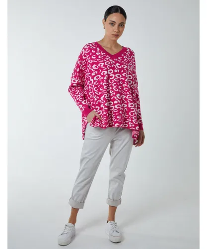 Blue Vanilla Womens Relax Fit V Neck Leopard Print Jumper - Pink Nylon