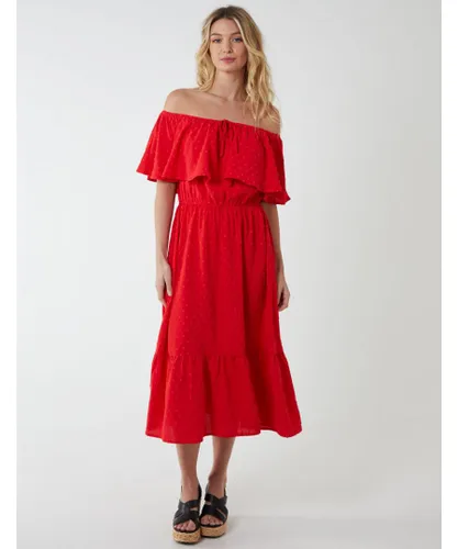 Blue Vanilla Womens Ruffle Bardot Midi Dress - Red